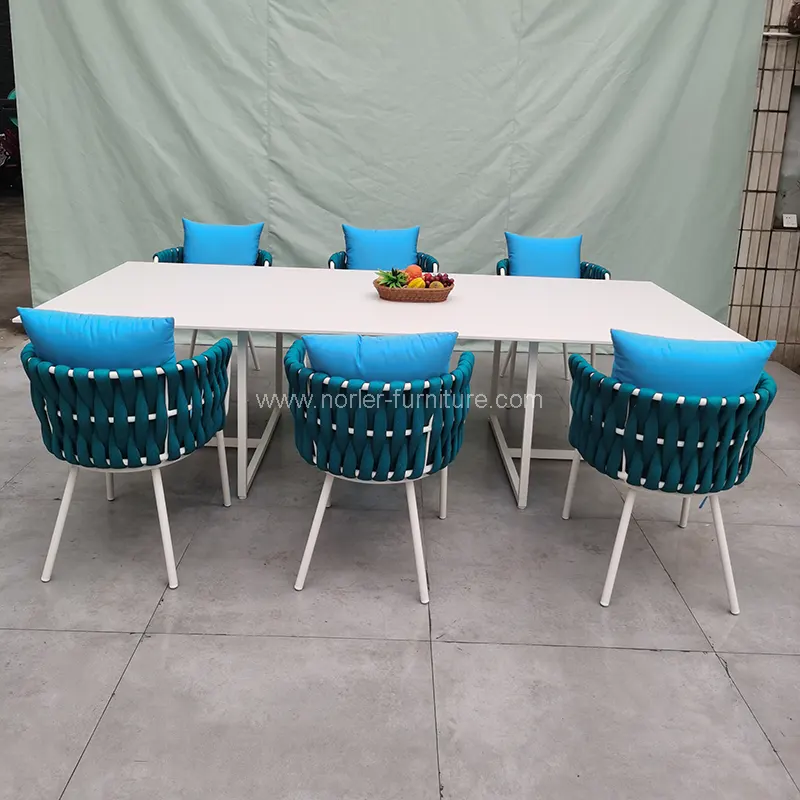 உயர்நிலை வெளிப்புற கயிறு நெசவு அலுமினிய சாப்பாட்டு தொகுப்பு உயர்நிலை வெளிப்புற கயிறு நெசவு அலுமினிய சாப்பாட்டு தொகுப்பு