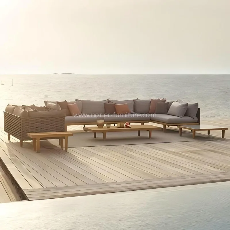 நவீன வெளிப்புற தேக்கு மர பிரேம் கயிறு நெய்த சோபா